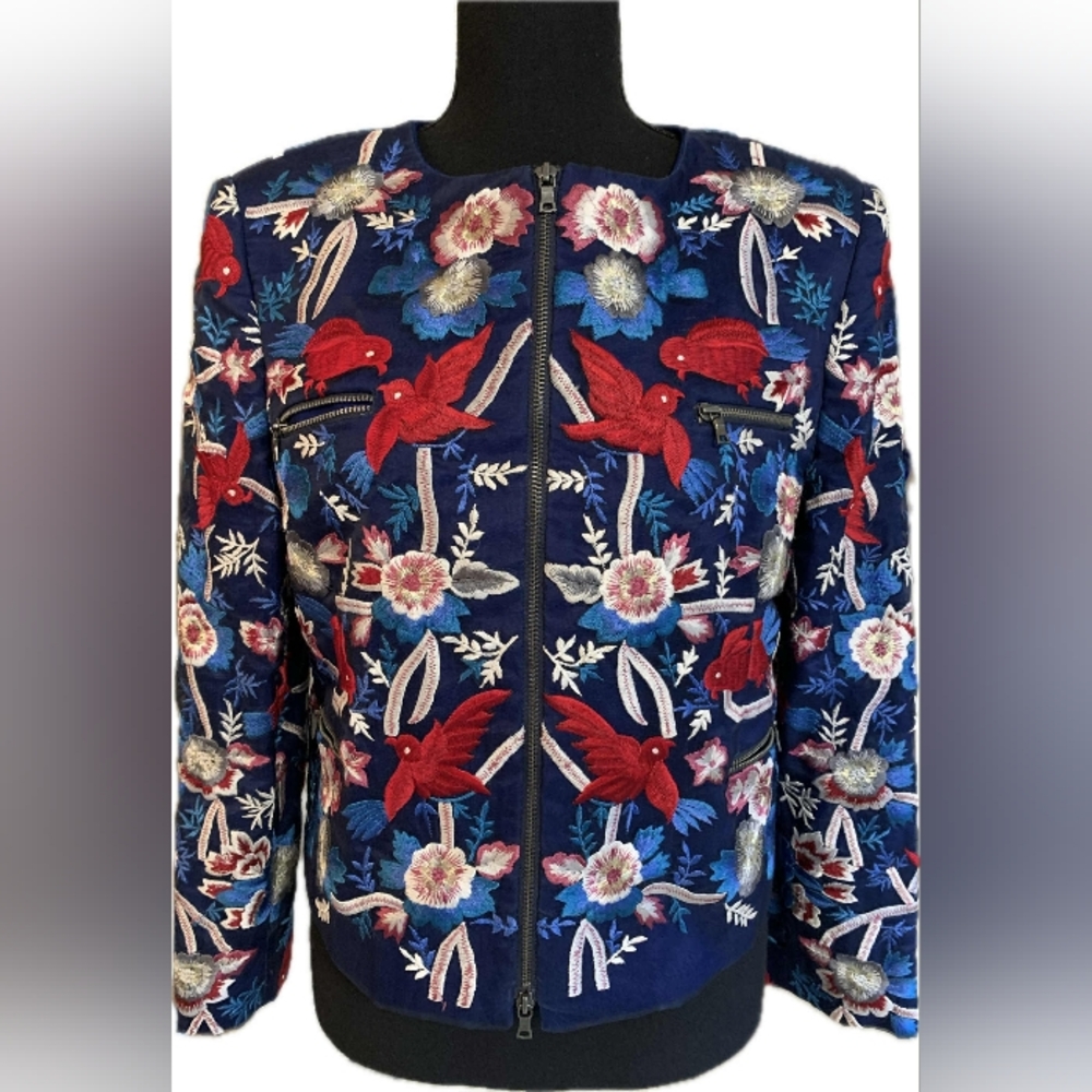 Alice + Olivia Red,White & Blue Floral Silk Embroidered Jacket W/ Birds Size S
